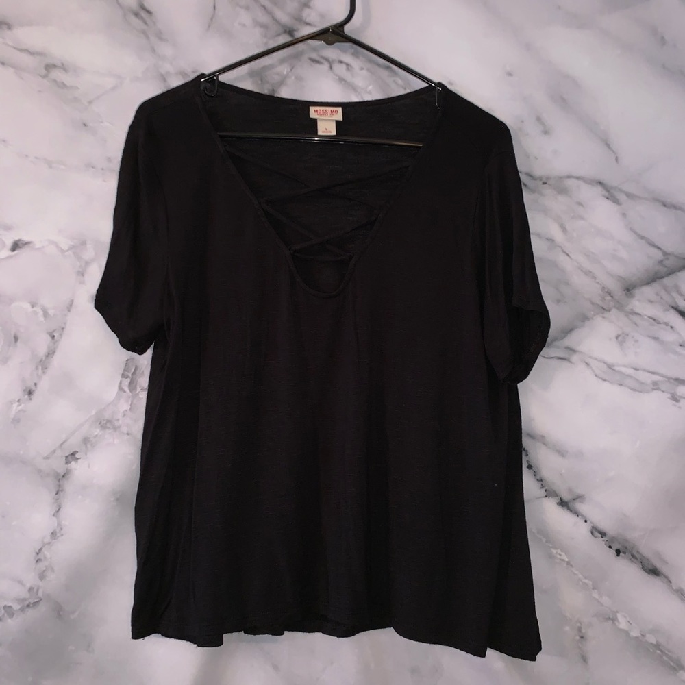 Black Short Sleeve Tee with Criss Cross Detailing